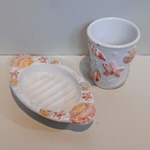 Portugal Ceramic/Terracotta Seashell Bathroom Set-Tumbler/Soap Dish-Nautical